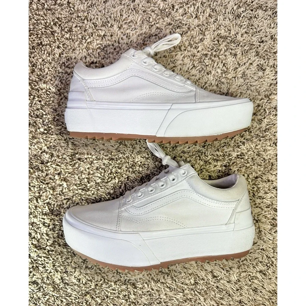 Vans Old Skool Stackform Shoes Womens Size 7.5 White Leather Platform Gum Sole